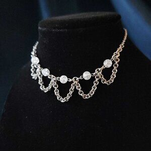 Gothic clear crystal draped chains necklace with a small silver chain